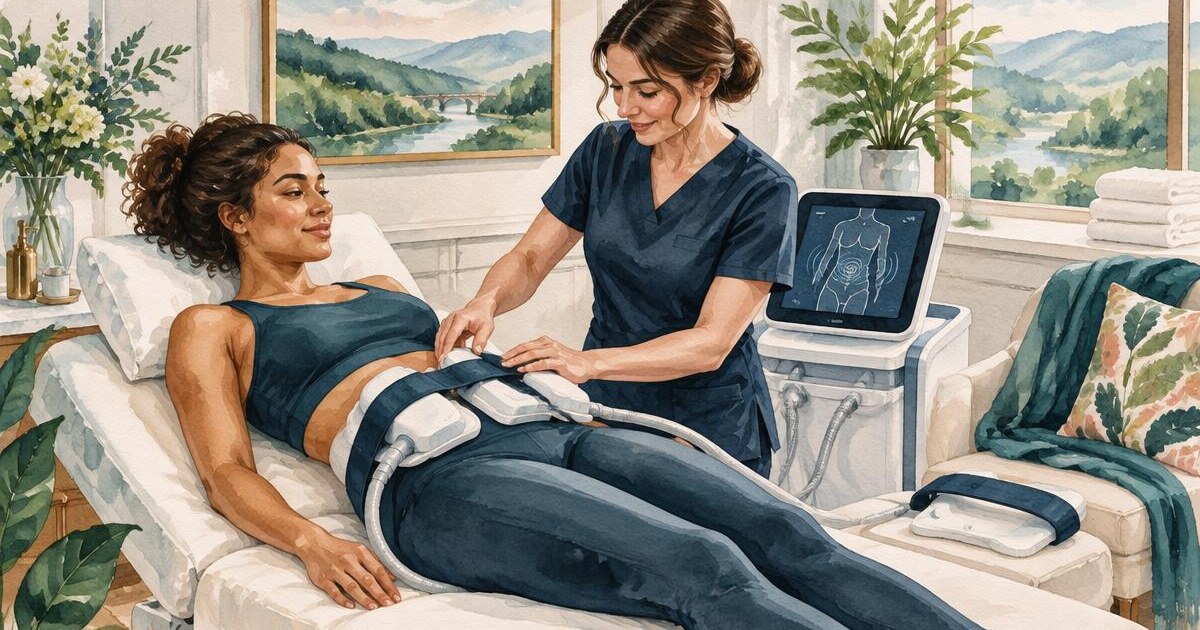 Watercolor illustration of EMShape Neo body contouring and pelvic floor strengthening in Ripley, WV at Envision Medical Care