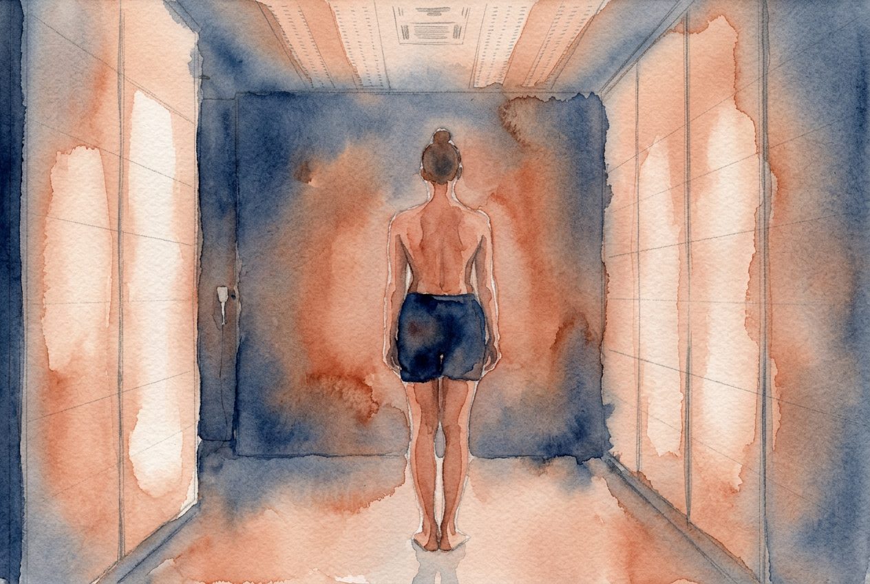 Person standing in a full-body red light therapy panel room bathed in warm red light at Envision Medical Care in Ripley WV