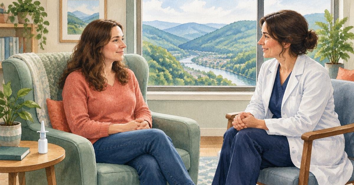 Watercolor illustration of a patient discussing Spravato benefits with a clinician in Ripley, WV, with Appalachian hills representing surrounding West Virginia communities