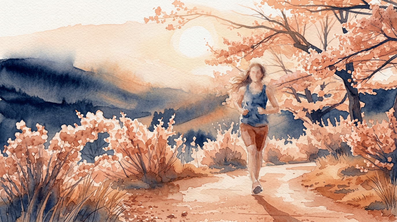 Woman jogging on a scenic spring trail surrounded by cherry blossoms representing spring health and wellness in Ripley WV