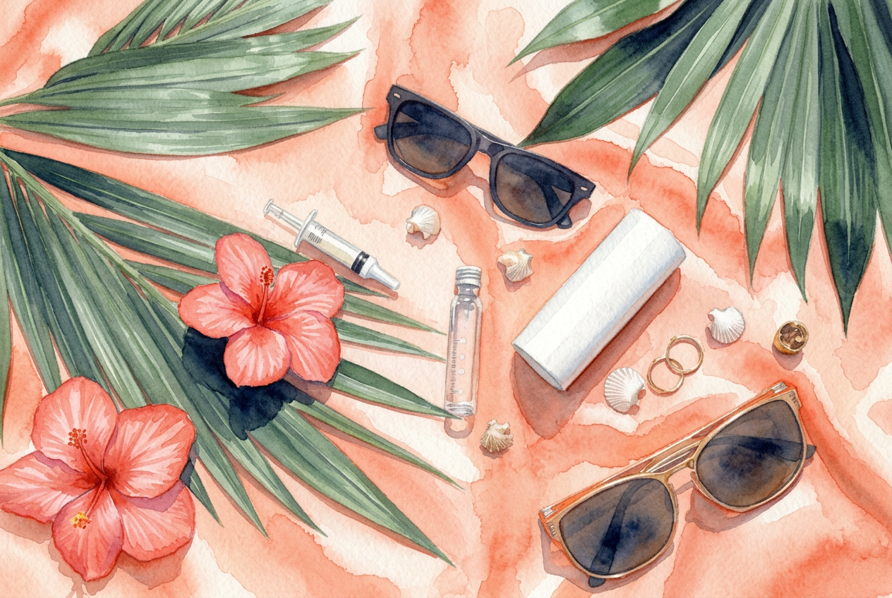 Bright tropical summer med spa flat lay with palm leaves, pink hibiscus, syringes, dermal filler vials, sunglasses and sunscreen on coral silk — Summer Specials at Envision Medical Care, Ripley WV